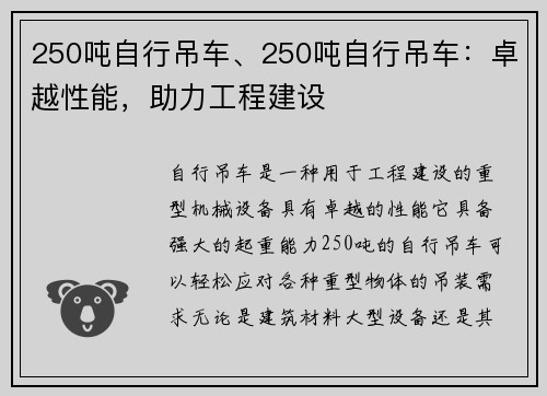 250吨自行吊车、250吨自行吊车：卓越性能，助力工程建设