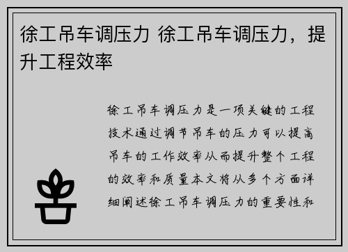 徐工吊车调压力 徐工吊车调压力，提升工程效率